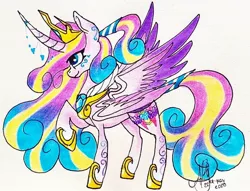 Size: 1080x824 | Tagged: safe, alternate version, artist:galaxy.in.mind, derpibooru import, princess cadance, princess flurry heart, alicorn, pony, curved horn, female, fusion, hoof shoes, horn, horn jewelry, jewelry, mare, peytral, raised hoof, signature, solo, traditional art