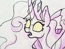 Size: 907x692 | Tagged: safe, artist:galaxy.in.mind, derpibooru import, princess cadance, princess flurry heart, alicorn, pony, bust, curved horn, female, fusion, glowing eyes, horn, lineart, mare, open mouth, solo, traditional art