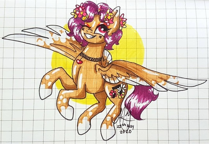 Size: 1080x743 | Tagged: safe, artist:galaxy.in.mind, derpibooru import, oc, unofficial characters only, pegasus, pony, female, flower, flower in hair, flying, graph paper, grin, jewelry, mare, necklace, one eye closed, pegasus oc, signature, smiling, socks (coat marking), solo, traditional art, wings, wink