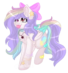 Size: 1080x1160 | Tagged: safe, artist:silentwolf-oficial, derpibooru import, oc, oc:candy star, unofficial characters only, pegasus, pony, :p, bow, chest fluff, ear fluff, hair bow, jewelry, multicolored hair, necklace, pegasus oc, rainbow hair, simple background, solo, tongue out, transparent background, two toned wings, wings
