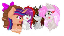 Size: 1920x1080 | Tagged: safe, artist:silentwolf-oficial, derpibooru import, oc, oc:pandita, unofficial characters only, pony, unicorn, bow, bust, chest fluff, eyelashes, group, hair bow, heterochromia, horn, open mouth, simple background, smiling, transparent background, unicorn oc