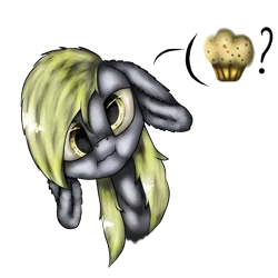 Size: 1000x1000 | Tagged: safe, artist:11-shadow, derpibooru import, derpy hooves, pegasus, pony, big ears, bust, female, floppy ears, food, muffin, question mark, simple background, solo, that pony sure does love muffins, transparent background