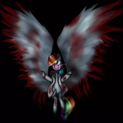 Size: 1000x1000 | Tagged: grimdark, artist:11-shadow, derpibooru import, rainbow dash, pegasus, pony, fanfic:rainbow factory, blood, clothes, female, glowing eyes, lab coat, rainbow factory dash, solo, spread wings, wings