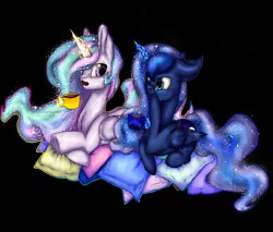 Size: 2346x2000 | Tagged: safe, artist:11-shadow, derpibooru import, princess celestia, princess luna, alicorn, pony, black background, chest fluff, chocolate, coffee mug, duo, fluffy, food, glowing horn, horn, hot chocolate, lying down, magic, mug, prone, simple background, telekinesis