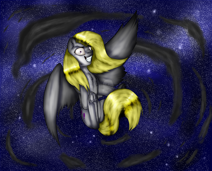 Size: 2781x2253 | Tagged: safe, artist:11-shadow, derpibooru import, surprise, pegasus, pony, alternate hairstyle, female, grin, insanity, night, night sky, sky, smiling, solo, surprisamena, watermark