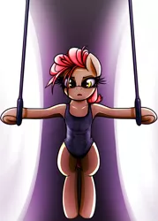 Size: 5906x8268 | Tagged: safe, artist:jetwave, derpibooru import, oc, oc:dala vault, unofficial characters only, earth pony, pony, absurd resolution, bipedal, clothes, dramatic lighting, earth pony oc, frog (hoof), gymnastic rings, gymnastics, iron cross, leotard, looking at you, solo, sweat, sweatdrop, thighs, underhoof