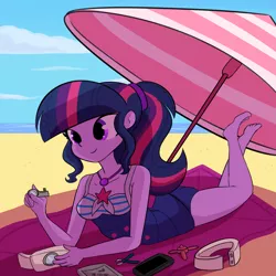 Size: 3375x3375 | Tagged: safe, artist:tjpones, derpibooru import, sci-twi, twilight sparkle, equestria girls, barefoot, beach, beach shorts swimsuit, beach towel, beach umbrella, breasts, busty twilight sparkle, clothes, cute, drone, feet, female, lying down, missing accessory, no glasses, one-piece swimsuit, selfie drone, sleeveless, smiling, solo, swimsuit, the pose, towel, twiabetes, twilight sparkes' beach shorts swimsuit, umbrella