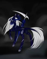 Size: 1080x1350 | Tagged: safe, artist:_quantumness_, derpibooru import, oc, unofficial characters only, alicorn, pony, alicorn oc, broken horn, horn, magic, raised hoof, scythe, solo, sombra eyes, telekinesis, wings