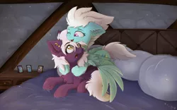 Size: 3840x2400 | Tagged: safe, artist:nighty, derpibooru import, fleetfoot, oc, oc:nighty cloud, pegasus, pony, bed, bedroom, blushing, canon x oc, chest fluff, cuddling, cute, ear piercing, earring, female, fireplace, fleetnight, fluffy, frog (hoof), happy, hug, jewelry, lesbian, looking at each other, lying down, mare, night, nightstand, on top, one eye closed, open mouth, piercing, pillow, prone, shipping, signature, surprised, tail fluff, underhoof, wings