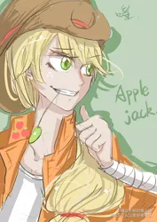 Size: 960x1358 | Tagged: safe, artist:刚过千粉的噬云轩, derpibooru import, applejack, human, applejack's hat, arm wraps, clothes, cowboy hat, female, hat, humanized, solo