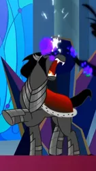 Size: 720x1280 | Tagged: safe, derpibooru import, screencap, king sombra, pony, umbrum, unicorn, season 9, the beginning of the end, spoiler:s09, angry, cape, charging, clothes, colored horn, cropped, curved horn, dark magic, deflected magic beam, eye smoke, eyes closed, fangs, grimace, horn, horn lightning, magic, male, missing cutie mark, power break, power snap, royal cape, solo, sombra eyes, sombra horn, sparking horn, stallion, this ended in pain, yelling, yelling in pain