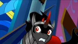 Size: 1280x720 | Tagged: safe, derpibooru import, screencap, king sombra, pony, umbrum, unicorn, season 9, the beginning of the end, spoiler:s09, cape, clothes, colored horn, curved horn, fangs, horn, male, royal cape, scared, shocked, solo, sombra horn, stallion, surprised, tilted head, when you realize that you made a mistake but refuse to admit it, worried