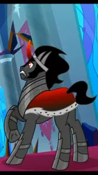 Size: 720x1280 | Tagged: safe, derpibooru import, screencap, king sombra, pony, umbrum, unicorn, season 9, the beginning of the end, spoiler:s09, cape, clothes, colored horn, cropped, curved horn, fangs, horn, male, rear view, royal cape, solo, sombra horn, stallion, terrified, wide eyes