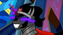 Size: 1280x720 | Tagged: safe, derpibooru import, screencap, king sombra, pony, umbrum, unicorn, season 9, the beginning of the end, spoiler:s09, cape, clothes, colored horn, curved horn, dark magic, eye smoke, fangs, horn, horn lightning, magic, male, royal cape, solo, sombra eyes, sombra horn, sparking horn, stallion