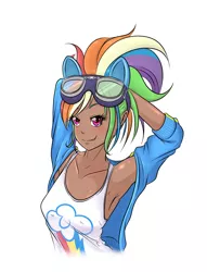 Size: 1450x1900 | Tagged: safe, artist:albertbm, derpibooru import, kotobukiya, rainbow dash, human, anime, armpits, clothes, cutie mark, cutie mark on clothes, dark skin, female, goggles, humanized, kotobukiya rainbow dash, looking at you, simple background, smiling, solo, tanktop, white background