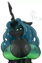 Size: 1468x2193 | Tagged: suggestive, artist:catlion3, derpibooru import, queen chrysalis, anthro, big breasts, bikini, bikini top, breasts, busty queen chrysalis, clothes, female, one eye closed, reversalis, simple background, solo, solo female, swimsuit, white background, wink