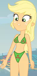 Size: 912x1878 | Tagged: suggestive, artist:le-23, derpibooru import, edit, edited screencap, editor:marcuvan0, screencap, applejack, blue crushed, equestria girls, equestria girls series, belly button, bikini, bikini bottom, bikini top, breasts, busty applejack, clothes, cropped, cutie mark, female, freckles, show accurate, solo, swimsuit