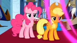 Size: 1280x720 | Tagged: safe, derpibooru import, screencap, applejack, discord, pinkie pie, draconequus, earth pony, the beginning of the end, adorably angry, angry, canterlot throne room