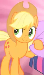 Size: 363x617 | Tagged: safe, derpibooru import, screencap, applejack, twilight sparkle, earth pony, the beginning of the end, applejack's hat, confidence, confident, cowboy hat, cropped, female, happy, hat, holding hooves, looking at you, offscreen character, smiling, solo focus