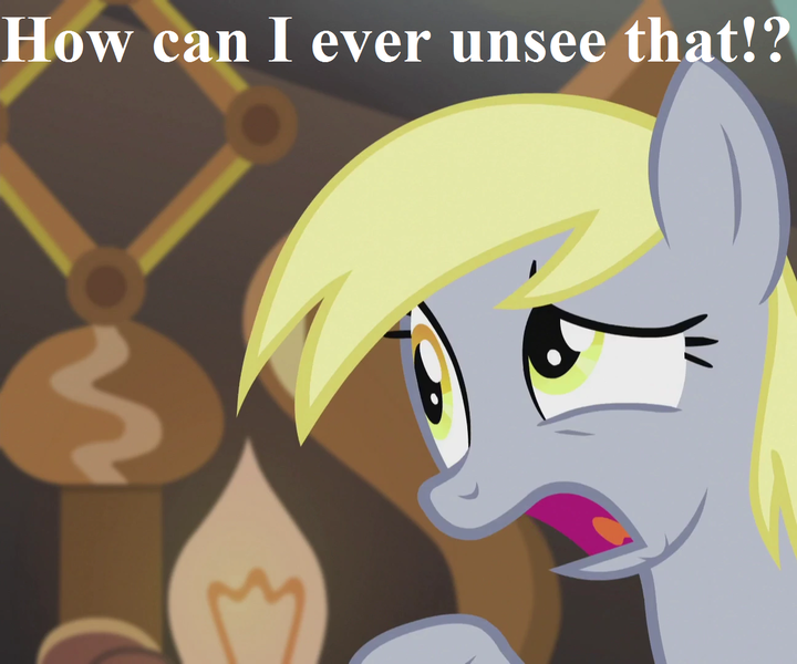 Size: 1296x1080 | Tagged: safe, derpibooru import, edit, edited screencap, screencap, derpy hooves, slice of life (episode), cropped, doctor whooves' lab, horrified, reaction image, speech, talking, what has been seen