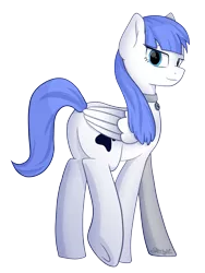 Size: 2583x3435 | Tagged: safe, artist:starlight, derpibooru import, oc, oc:snow pup, unofficial characters only, pegasus, pony, collar, flirty, lidded eyes, lifted leg, looking back, pet tag, simple background, solo, transparent background