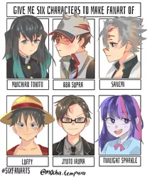 Size: 1039x1253 | Tagged: safe, derpibooru import, twilight sparkle, human, six fanarts, equestria girls, :d, boboiboy, bust, clothes, crossover, female, glasses, hst, hypnosis mic, kimetsu no yaiba, male, monkey d luffy, necktie, one piece, open mouth, smiling, visor