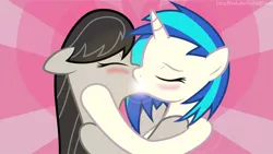 Size: 960x540 | Tagged: suggestive, artist:ladypixel, derpibooru import, octavia melody, vinyl scratch, earth pony, pony, unicorn, blushing, female, hoof hugs, hug, kissing, lesbian, mare, scratchtavia, shipping