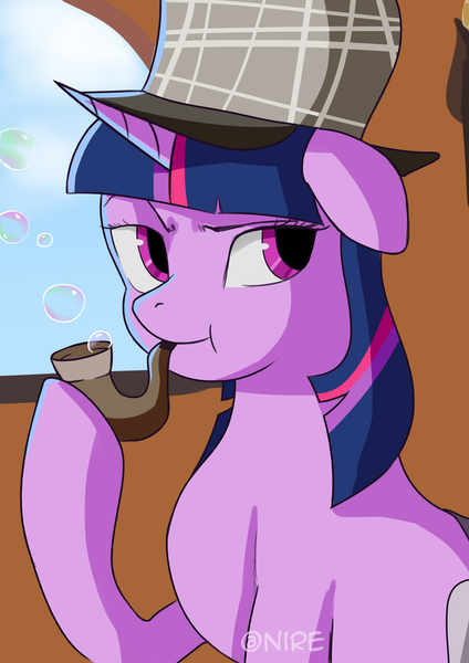 Size: 2480x3508 | Tagged: safe, artist:nire, derpibooru import, twilight sparkle, pony, unicorn, mmmystery on the friendship express, bubble pipe, deerstalker, detective, female, hat, mare, pipe, sherlock holmes, solo, unicorn twilight