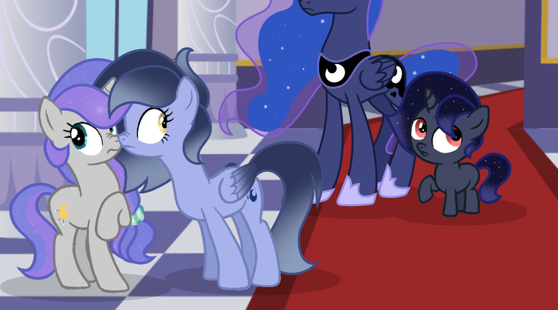 Size: 1868x1040 | Tagged: safe, artist:stellamoonshine, derpibooru import, princess luna, oc, oc:luminous moon, oc:nebula spiral, oc:stella moonshine, pegasus, pony, unicorn, 5-year-old, base used, female, half-siblings, mare, offspring, parent:king sombra, parent:princess luna, parent:stygian, parents:lumbra, parents:styuna