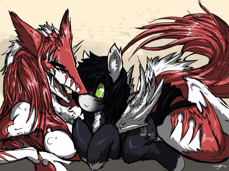 Size: 1070x800 | Tagged: safe, artist:mirapony, derpibooru import, oc, unofficial characters only, bat pony, pony, sergal, :>, bat pony oc, bat wings, cuddling, digital art, ear fluff, eye contact, female, fluffy, furry, furry oc, hoof fluff, leg fluff, lidded eyes, looking at each other, lying down, male, nervous, prone, shrunken pupils, smiling, stallion, unshorn fetlocks, wide eyes, wings