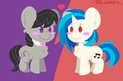 Size: 1280x840 | Tagged: safe, artist:elevantia, banned from derpibooru, deleted from derpibooru, derpibooru import, octavia melody, vinyl scratch, earth pony, pony, unicorn, blush sticker, blushing, chest fluff, chibi, cute, dot eyes, ear fluff, female, heart, image, lesbian, lineless, looking at each other, mare, png, raised leg, scratchtavia, shipping, smiling, split screen, standing, tavibetes, vinylbetes