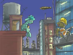 Size: 4000x3000 | Tagged: airship, artist:buckweiser, city, cityscape, construction pony, derpibooru import, happy, looking at each other, pegasus, random oc, safe, sketch, talking, water tower, zeppelin