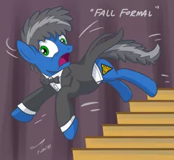 Size: 2343x2160 | Tagged: artist:buckweiser, clothes, derpibooru import, fall formal, falling, oc, oc:buckminster, pun, safe, solo, stairs, tuxedo, unofficial characters only