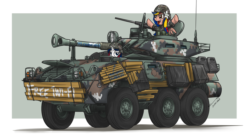 Size: 1565x856 | Tagged: safe, artist:buckweiser, derpibooru import, oc, oc:fillypines, oc:pearl shine, ponified, pony, apc, armored personnel carrier, filipino, lav-300, nation ponies, philippines, slogan, tank in mall, twi-fi