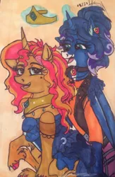 Size: 1024x1573 | Tagged: safe, artist:creative-blossom, derpibooru import, princess luna, sunset shimmer, alicorn, pony, unicorn, beauty mark, butt, choker, clothes, clothes swap, colored, costume swap, crown, cute, ear piercing, earring, female, jewelry, magic, mare, moonbutt, piercing, redesign, regalia, sitting, smiling, sunny, traditional art