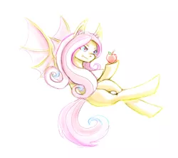 Size: 2300x2039 | Tagged: safe, artist:artifex670, derpibooru import, fluttershy, bat pony, pony, apple, bat ponified, colored sketch, female, flutterbat, food, looking at something, mare, race swap, simple background, solo, white background