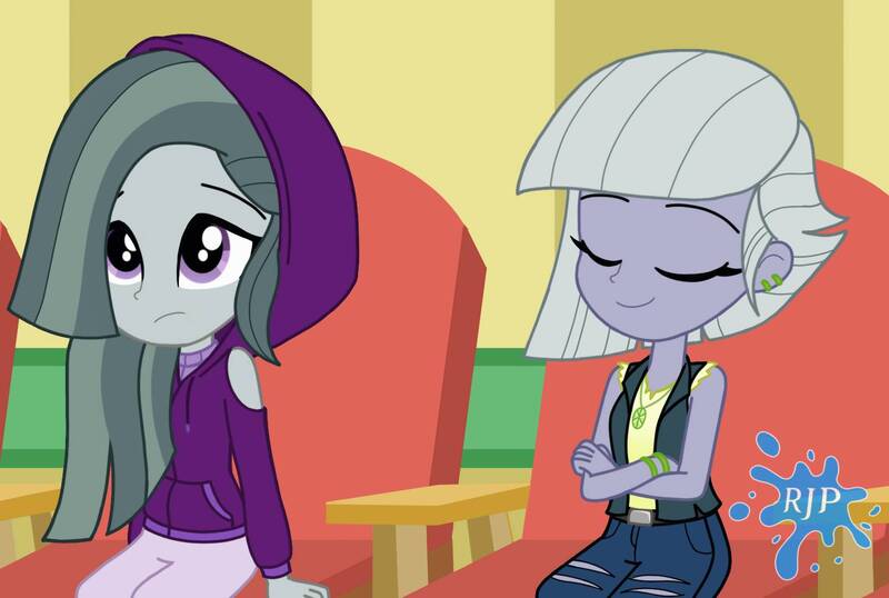 Size: 1560x1050 | Tagged: safe, artist:rjp.rammy, derpibooru import, limestone pie, marble pie, equestria girls, bracelet, chair, clothes, crossed arms, duo, ear piercing, earring, equestria girls-ified, eyes closed, female, hoodie, jeans, jewelry, necklace, pants, piercing, shirt, siblings, sisters, sitting, sleeveless, sleeveless sweater, sweater, t-shirt, torn clothes, vest