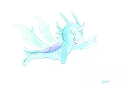 Size: 4960x3508 | Tagged: safe, artist:artifex670, derpibooru import, changeling, blue changeling, colored sketch, cute, cuteling, fangs, flying, simple background, smiling, solo, white background