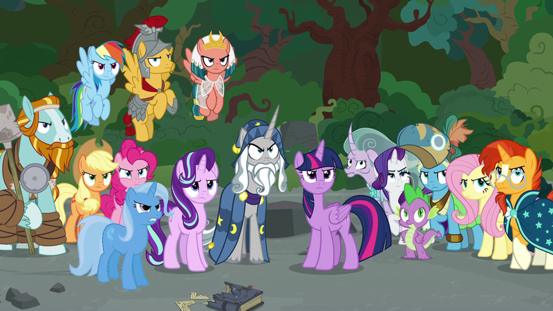 Size: 1280x720 | Tagged: editor needed, safe, derpibooru import, edit, edited screencap, screencap, applejack, flash magnus, fluttershy, meadowbrook, mistmane, pinkie pie, rainbow dash, rarity, rockhoof, somnambula, spike, star swirl the bearded, starlight glimmer, sunburst, trixie, twilight sparkle, twilight sparkle (alicorn), alicorn, dragon, earth pony, pegasus, pony, unicorn, shadow play, angry, destroyed, eaten, everyone is unamused, flying, gritted teeth, looking at someone, pinkie pie is not amused, ponehenge, rainbow dash is not amused, rockhoof is not amused, socks (coat marking), somnambula is not amused, spike is not amused, star swirl is not amused, starlight is not amused, sunburst is not amused, trixie is not amused, twilight is not amused, unamused, wall of tags