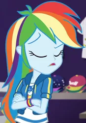 Size: 725x1035 | Tagged: safe, derpibooru import, screencap, rainbow dash, equestria girls, equestria girls series, holidays unwrapped, spoiler:eqg series (season 2), canterlot, clothes, cloud, cropped, crossed arms, cute, dashabetes, dashing through the mall, eyes closed, female, geode of super speed, hoodie, jacket, jewelry, magical geodes, merchandise, multicolored hair, necklace, pants, rainbow, rainbow hair, raised eyebrow, shirt, short sleeves, store, t-shirt, thunderbolt, wristband