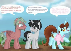 Size: 1920x1388 | Tagged: safe, artist:nightingalewolfie, derpibooru import, oc, oc:minty hooves, oc:tim, oc:zander, unofficial characters only, pegasus, pony, unicorn, male, run-on sentence, stallion