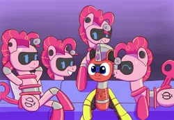 Size: 1280x887 | Tagged: safe, artist:trackheadtherobopony, derpibooru import, pinkie pie, oc, oc:trackhead, pony, robot, robot pony, couch, kissing, lucky bastard, multeity, pinkie bot, piper perri surrounded, roboticization, too much pink energy is dangerous