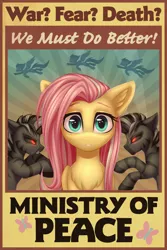 Size: 1536x2304 | Tagged: safe, artist:setharu, derpibooru import, fluttershy, pegasus, pony, zebra, fallout equestria, fanfic, caricature, crossover, demonization, fallout, fanfic art, female, hooves, looking at you, mare, ministry mares, ministry of peace, older, older fluttershy, poster, propaganda, red eyes, text, wings