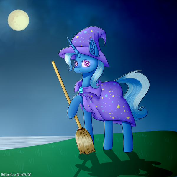 Size: 2000x2000 | Tagged: safe, artist:brilliant-luna, derpibooru import, trixie, pony, unicorn, broom, cape, clothes, ear fluff, female, full moon, hat, moon, night, raised hoof, river, solo