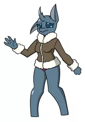 Size: 1336x1920 | Tagged: safe, artist:sneetymist, derpibooru import, oc, oc:illye, unofficial characters only, anthro, changedling, changeling, unguligrade anthro, bipedal, bomber jacket, breasts, clothes, female, jacket, panties, parka, pink underwear, solo, stressed, underwear, waving
