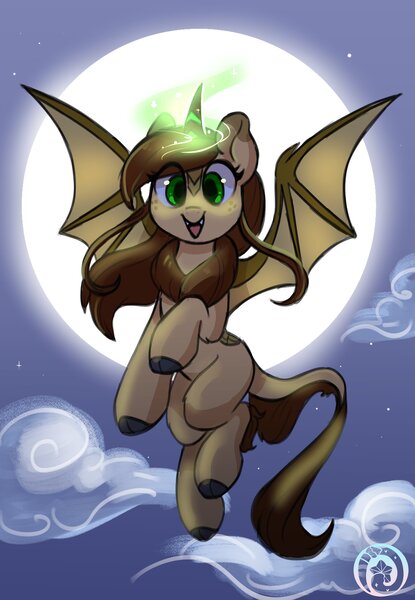 Size: 2000x2895 | Tagged: safe, artist:colorfulcolor233, derpibooru import, oc, oc:firepetal, unofficial characters only, alicorn, kirin, winged kirin, bat wings, cute, cute little fangs, fangs, horn, image, jpeg, moon, night, solo, wings