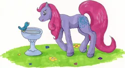 Size: 1533x832 | Tagged: safe, artist:rikakitty, derpibooru import, wingsong, bird, earth pony, female, fountain, g2, long tail, solo