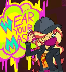 Size: 4547x5000 | Tagged: safe, artist:malevolentsamson, derpibooru import, sunset shimmer, display of affection, equestria girls, equestria girls series, baseball cap, cap, coronavirus, covid-19, female, flanksy, geode of empathy, graffiti, hat, magical geodes, mask, mouthpiece, one eye closed, public service announcement, spray paint, wink, winking at you