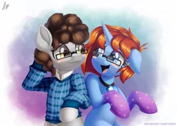 Size: 1280x914 | Tagged: safe, artist:pyropk, derpibooru import, oc, unofficial characters only, pony, unicorn, blush sticker, blushing, clothes, commission, ear piercing, earring, glasses, jewelry, looking at each other, pair, piercing, smiling, sweater