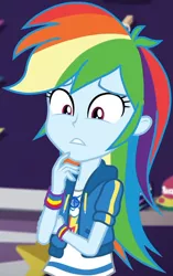 Size: 651x1035 | Tagged: safe, derpibooru import, screencap, rainbow dash, equestria girls, equestria girls series, holidays unwrapped, spoiler:eqg series (season 2), canterlot mall, clothes, cloud, cropped, crossed arm, cute, dashabetes, dashing through the mall, female, geode of super speed, hoodie, jacket, jewelry, looking down, magical geodes, merchandise, multicolored hair, necklace, pants, rainbow, rainbow hair, shirt, short sleeves, store, t-shirt, thunderbolt, wristband